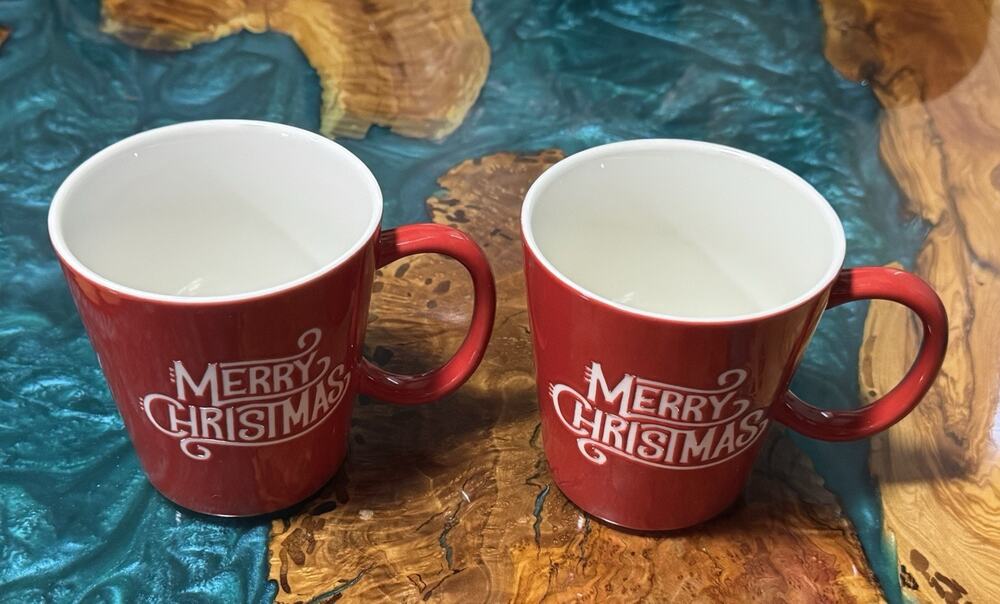 Two Hallmark Red & White Merry Christmas Embossed Mugs 16 oz NOS